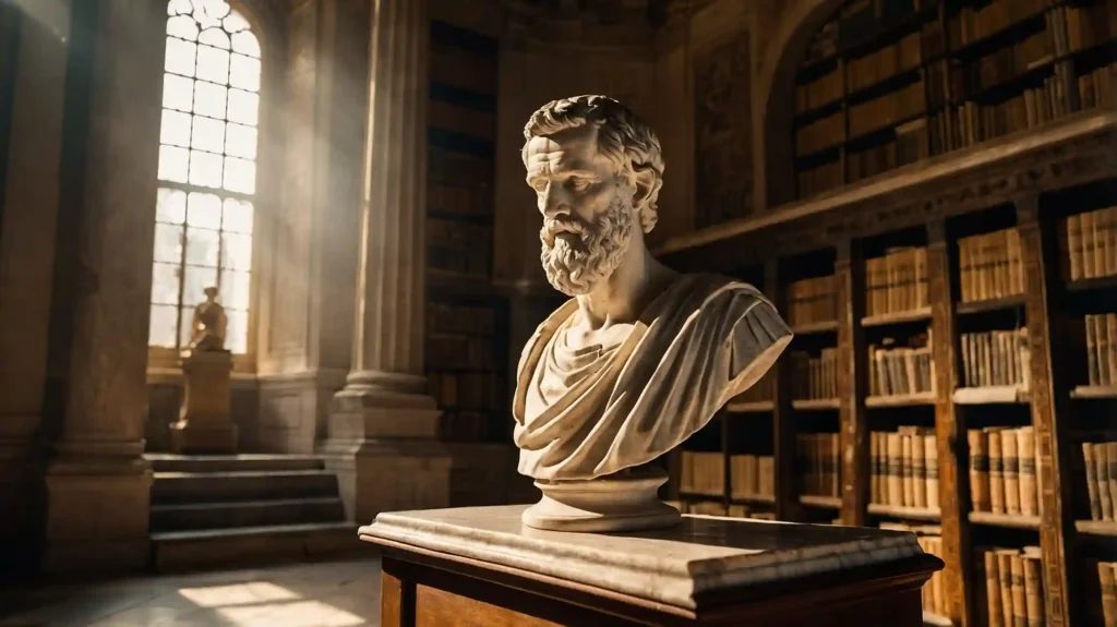 Mindset und Stoizismus: Marmorbüste eines antiken Philosophen in einer römischen Bibliothek als Symbol für innere Haltung, Weisheit und stoisches Denken.