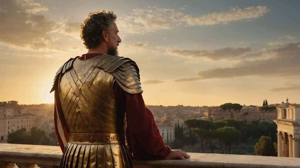 Marcus-Aurelius-Blick-über-Rom Mindset stoischer Prägung: Marcus Aurelius in goldener Rüstung blickt bei Sonnenuntergang über Rom — Symbol für stoischen Gleichmut, Ehrgeiz ohne innere Abhängigkeit und ein kalibriertes Mindset nach stoischer Philosophie.