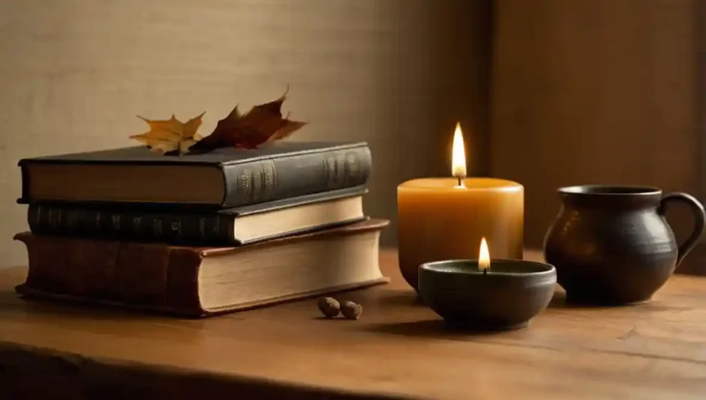 Bücher-bei-Kerzenschein (1) Ikigai Bücher – Stapel Bücher mit Kerze und Herbstblatt
