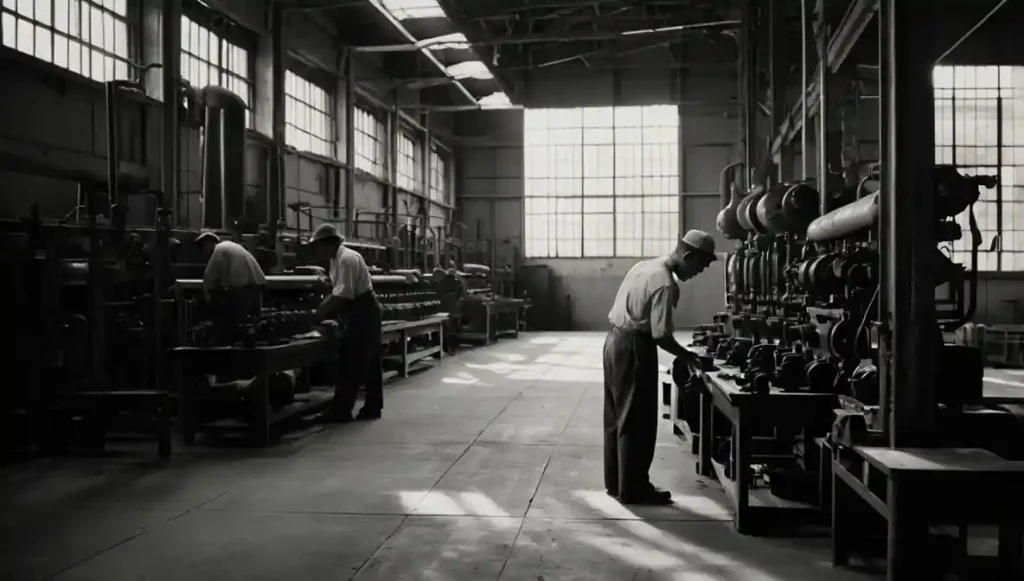 Kaizen in Aktion: Japanische Fabrikhalle der Nachkriegszeit – Ursprung des Toyota Production System und der Kaizen-Philosophie