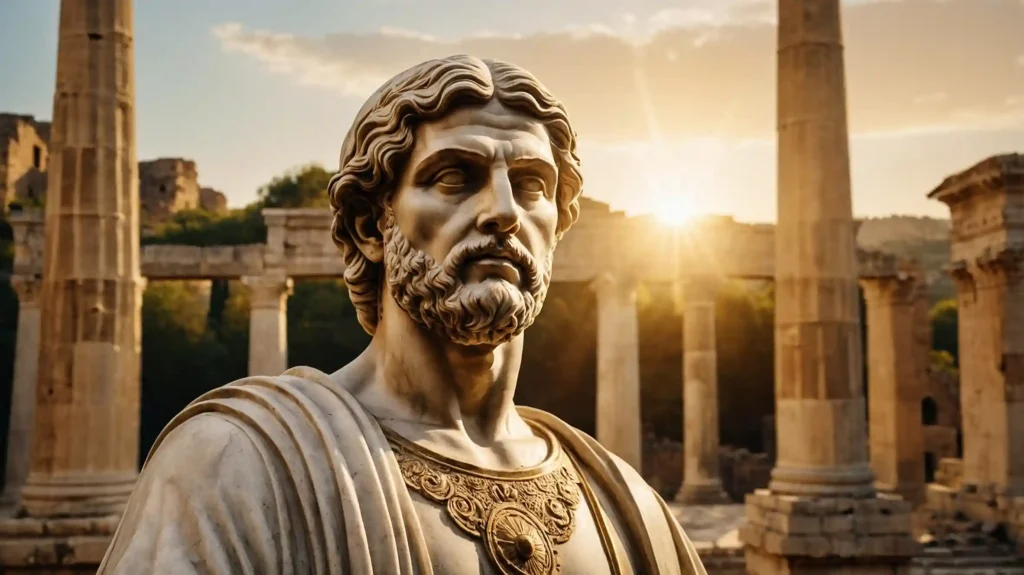 Selbstreflexion stoischer Art. Eine Antike Stoiker Statue bei Sonnenaufgang. Symbol für Weisheit und Fokus