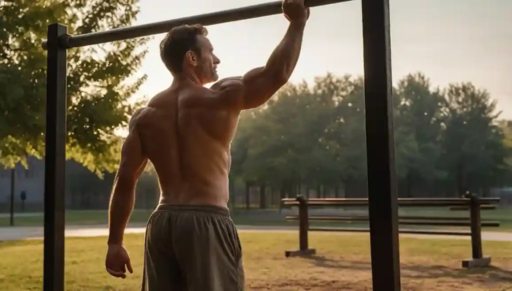 Kaizen Prinzip: Mann beim Calisthenics-Training bei Sonnenaufgang-Konsistenz schlägt Intensität.