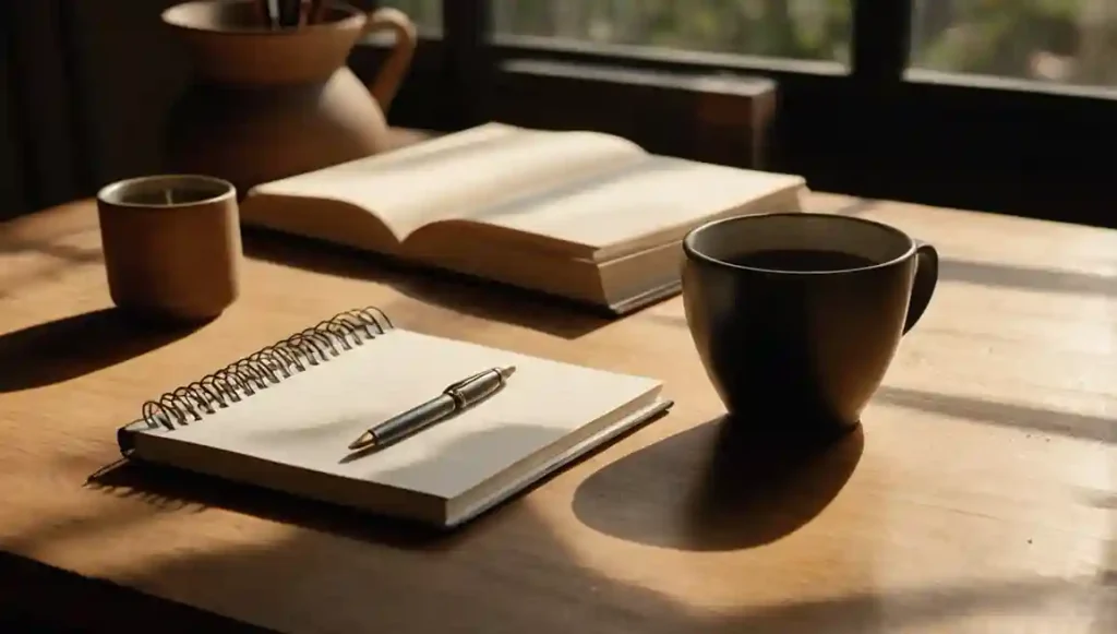 Kaizen im Arbeitsalltag: Minimalistischer Schreibtisch mit Notizbuch und Kaffee – Fokus statt Beschäftigung