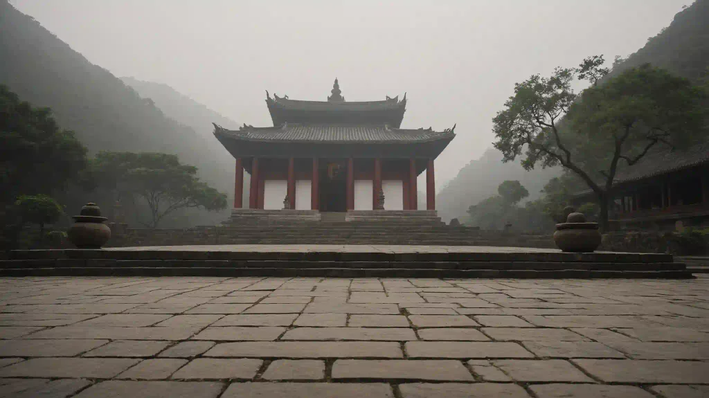 Selbstreflexion Hansei – nebelverhangener japanischer Tempel als Symbol für stille innere Einkehr