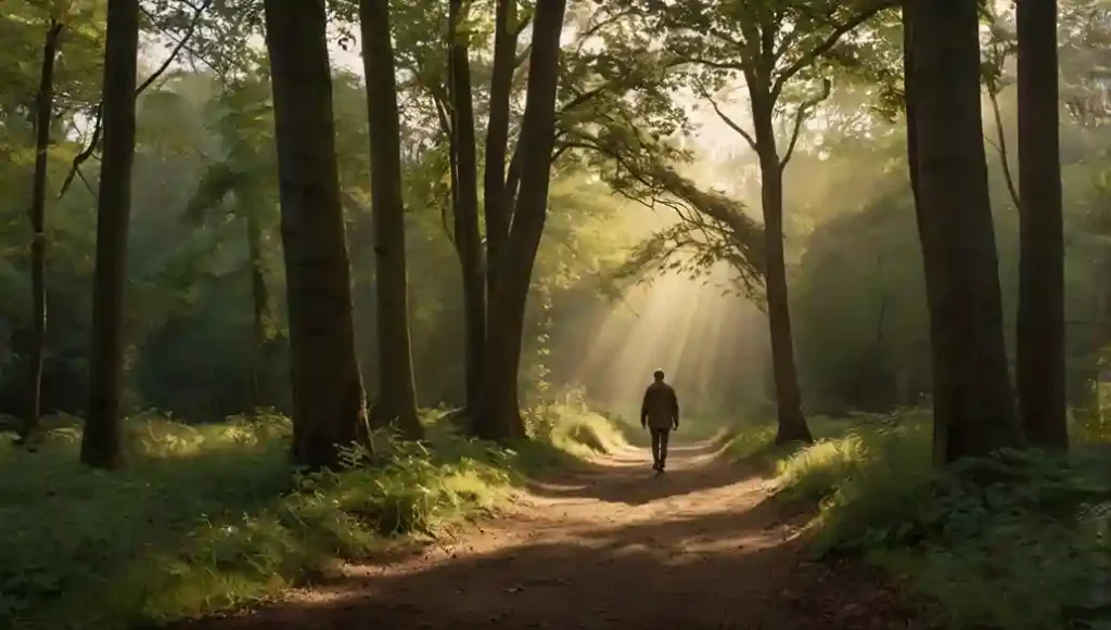 Shinrin-Yoku-Selbstreflexion-im-Wald_11zon Ikigai finden – Mann spaziert allein im Wald ohne Kopfhörer