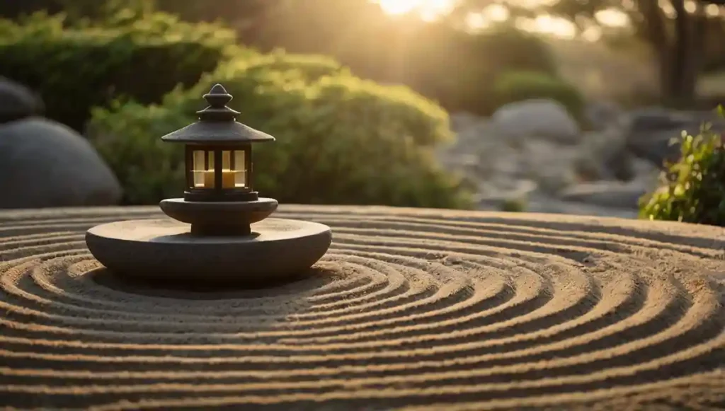 Kaizen: Japanischer Zen-Garten bei Morgendämmerung — ein einzelner Stein, der eine perfekte Welle im Sand hinterlässt. Symbolik: kleine Handlung, große Wirkung.