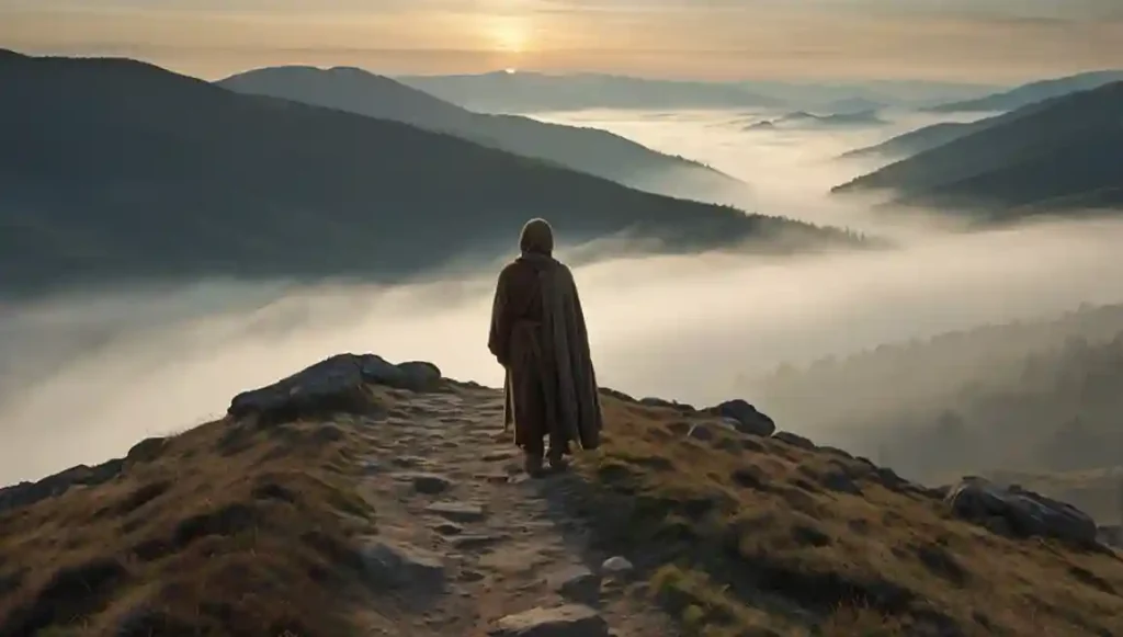 Kaizen und Stoizismus::Einsamer Wanderer auf Bergpfad im Morgengrauen –Der Weg entsteht beim Gehen