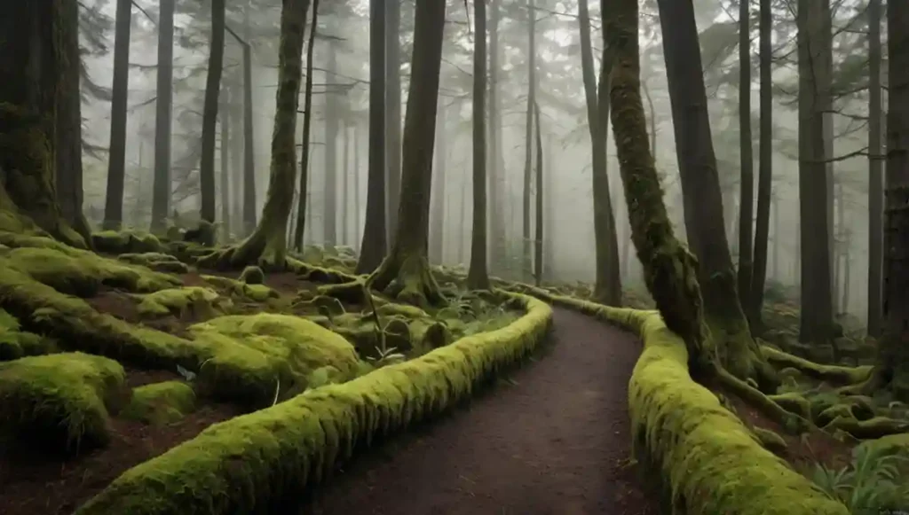 kino-xl_A_cinematic_fine_art_photograph_of_a_narrow_ancient_stone_path_winding_through_a-1_11zon Ikigai und Kaizen – moosbedeckter Waldpfad als Symbol für kleine Schritte
