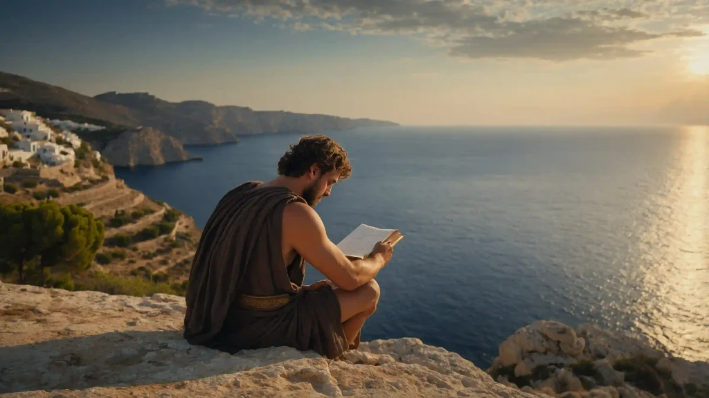Positive Psychologie und Stoizismus – der junge  Stoiker Cleanthes sitzt auf einem Felsen am Meer  und liest: Sinnbild für den Beginn eines  philosophischen Weges und die Kraft des Anfangens.