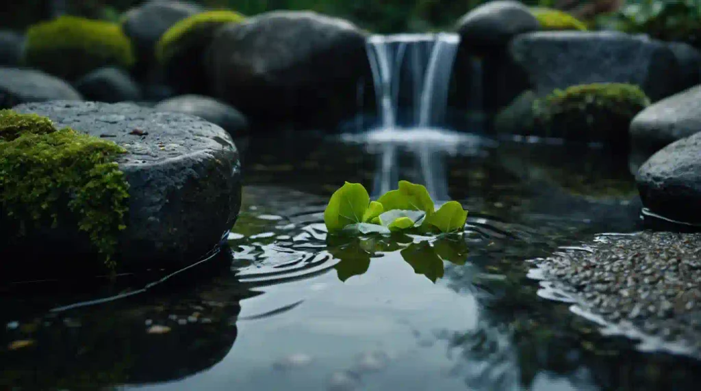 Hansei-An Herausforderungen wachsen Hansei statt Grübeln – Ginkgo-Blatt auf moosigen Steinen am Wasserfall als Symbol für konstruktive Selbstreflexion