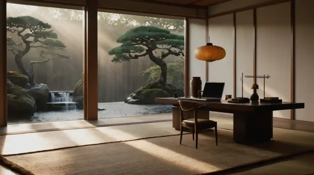 Hansei – japanisches Arbeitszimmer mit Bonsai, Schreibtisch und Zen-Garten als Symbol für Selbstreflexion und innere Einkehr
