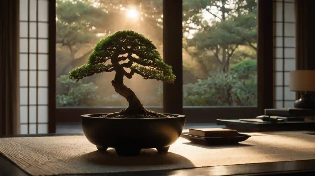 Hansei-Wachstum-durch-Selbstreflexion Hansei Fazit – Bonsai im Morgenlicht vor japanischem Shoji-Fenster als Symbol für Wachstum durch bewusste Selbstreflexion