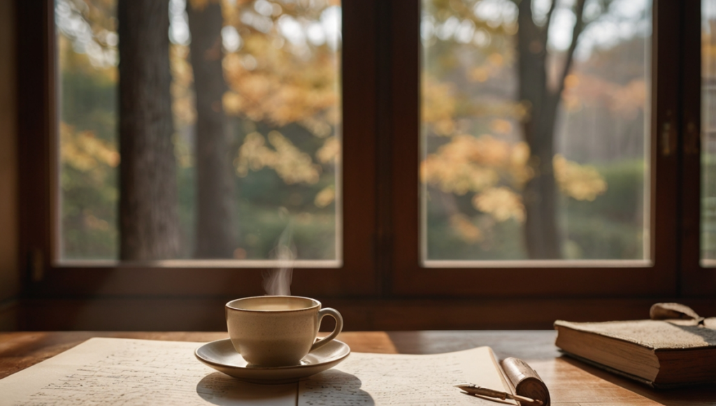 Journal Wabi Sabi im Alltag praktizieren - Schreibtisch mit Journal und Teetasse am Morgen