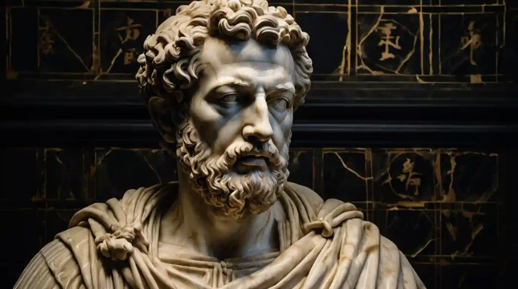 Marcu-Aurel-Stoische-Selbstreflexion Hansei und Stoizismus – Marmorbüste von Marcus Aurelius als Symbol für die Verbindung zwischen japanischer Selbstprüfung und stoischer Reflexion