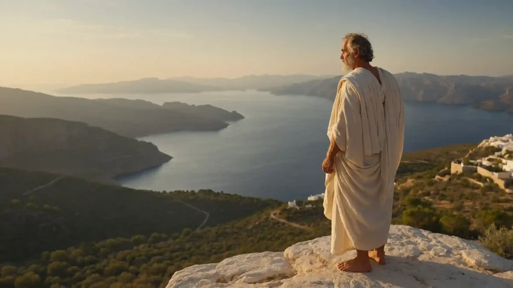 Positive Psychologie und Stoizismus – ein alter Stoiker steht auf einem Felsen mit Blick auf das Ägäische Meer bei Sonnenuntergang, in Kontemplation versunken.