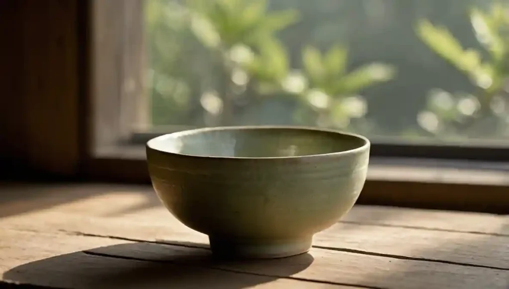 Wabi Sabi Ästhetik-Japanische Teeschale auf verwittertem Holz