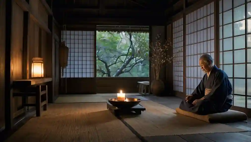 Conviction Bias erkennen Hansei japanische Selbstreflexion: Älterer Mann meditiert in traditionellem Shoji-Raum mit Kerze – strukturierte Fehleranalyse als Gegenmittel zum Conviction Bias