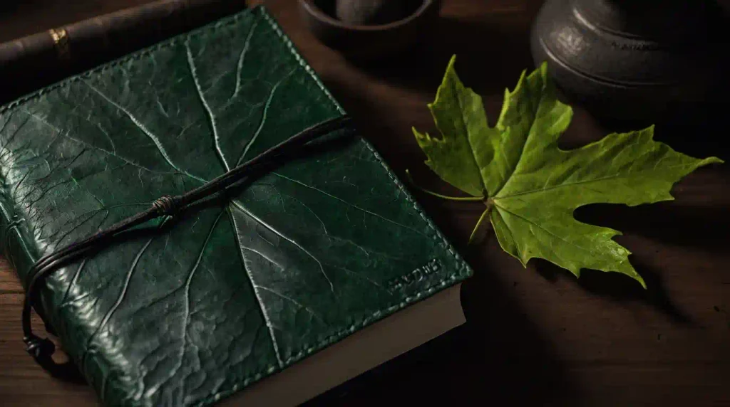 Prinzipien-des-Samurai-Mindset Samurai Prinzipien des Bushido-Kodex symbolisiert durch ein grünes Leder-Notizbuch mit Herbstblatt — Gi, Makoto und die fünf Tugenden des Samurai Mindsets