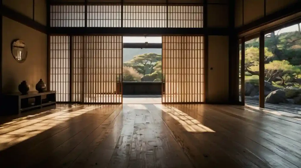 Samurai Mindset Samurai Mindset und Respekt durch Haltung — leeres japanisches Dojo mit Shoji-Schiebetüren und Blick in den Garten, Symbol für innere Klarheit und Bushido