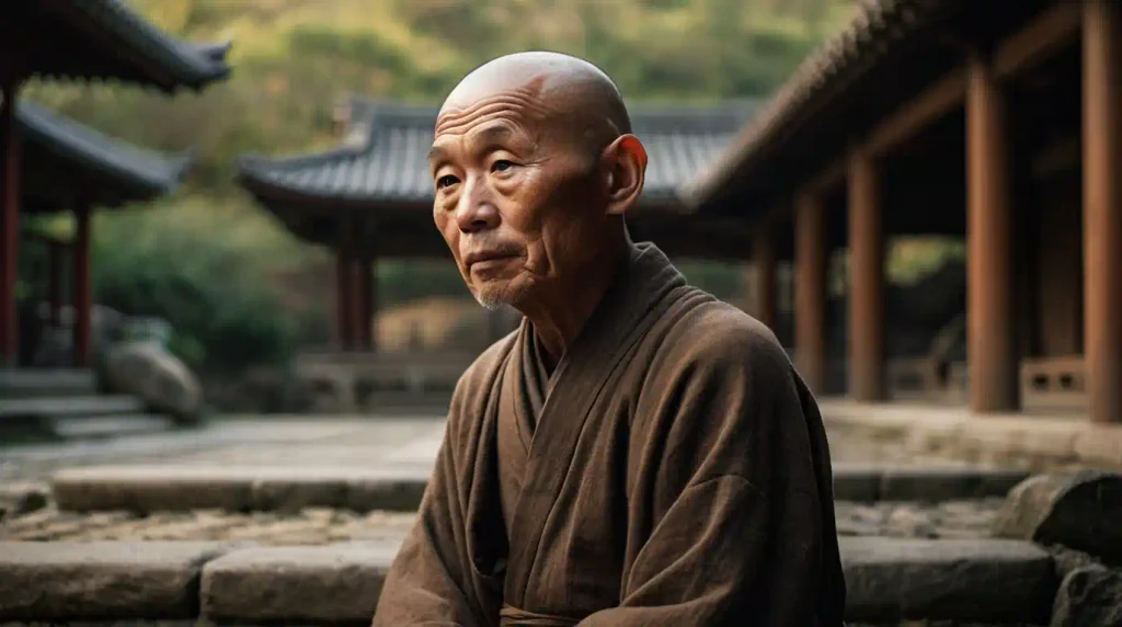 Samurai-Mindset Samurai Mindset verkörpert durch einen Zen-Mönch in stiller Meditation vor historischen japanischen Tempeln — Bushido, innere Stärke und Selbstdisziplin