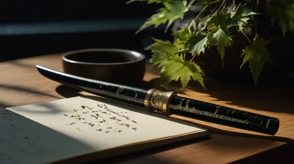 Samurai Katana in schwarzer Holzscheide (Saya) neben Notizbuch und Füllfederhalter — Symbol für Bushido, Disziplin und das Samurai Mindset