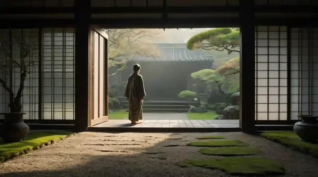 Shoshin – Zen-Mönch steht im Übergang zwischen einem traditionellen japanischen Innenraum und einem stillen Zen-Garten, Sinnbild für die Schwelle zwischen Wissen und offenem Geist