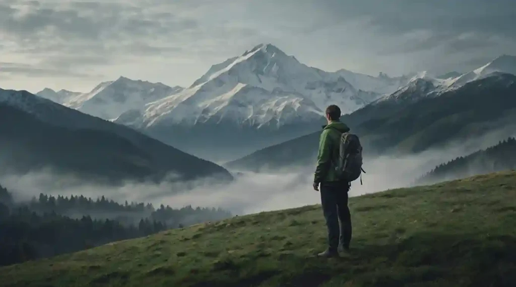 Shoshin – Wanderer steht allein vor einem weiten Bergpanorama im Morgennebel, Symbol für den Mut zur Offenheit, kontinuierliches Lernen und den Anfängergeist als lebenslange Haltung