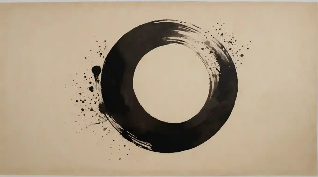 Shoshin und Stoizismus – Ensō-Kreis als japanisches Zen-Symbol in Tuschmalerei, Sinnbild für Vollständigkeit, Offenheit und die universelle Parallele zwischen Zen-Buddhismus und stoischer Selbstprüfung