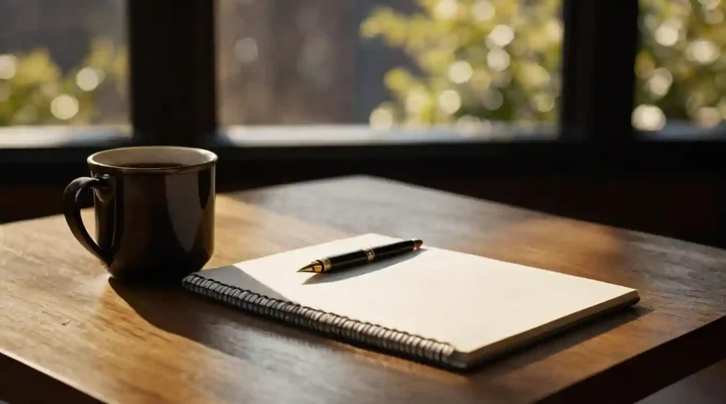 Shoshin in der Praxis – aufgeschlagenes Notizbuch mit Stift und Kaffeetasse auf einem Holztisch, Symbol für tägliche Reflexion, das Shoshin-Journal und die bewusste Praxis des Anfängergeistes im Alltag