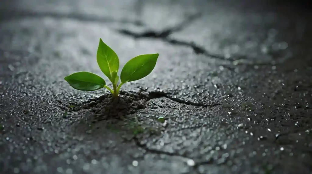 Shoshin – Junger Pflanzentrieb bricht durch rissigen Asphalt, Metapher für Lernbereitschaft und Wachstum trotz eingefahrener Denkmuster und kognitiver Starrheit