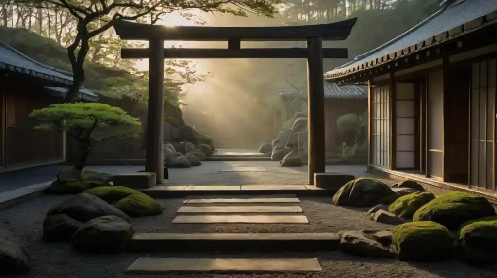 Shoshin – Torii-Tor in einem japanischen Zen-Garten im Morgennebel, Symbol für den Übergang vom Bekannten ins Unbekannte und den Anfängergeist als bewusste Haltung