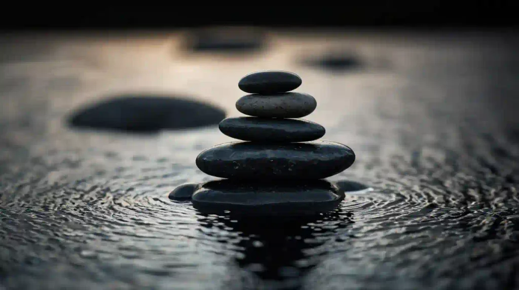 Einfache Mandalas-Gelassenheit Zen-Steinstapel am Wasser als Symbol für Achtsamkeit