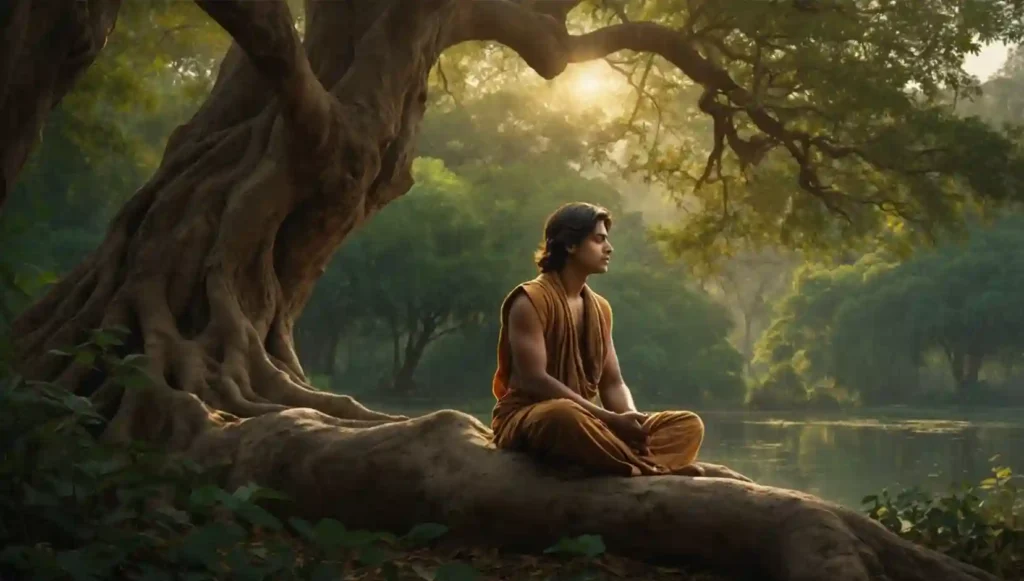Siddhartha Gautama meditiert unter dem Bodhi-Baum in Bodh Gaya – traditionelle Darstellung des buddhistischen Erwachens Buddhismus verstehen: Siddhartha Gautama meditiert unter dem Bodhi-Baum in Bodh Gaya – traditionelle Darstellung des buddhistischen Erwachens