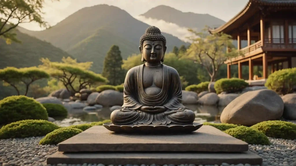 Buddhismus verstehen – steinerne Buddha-Statue im goldenen Morgenlicht als Symbol für innere Stille und die Vier Edlen Wahrheiten