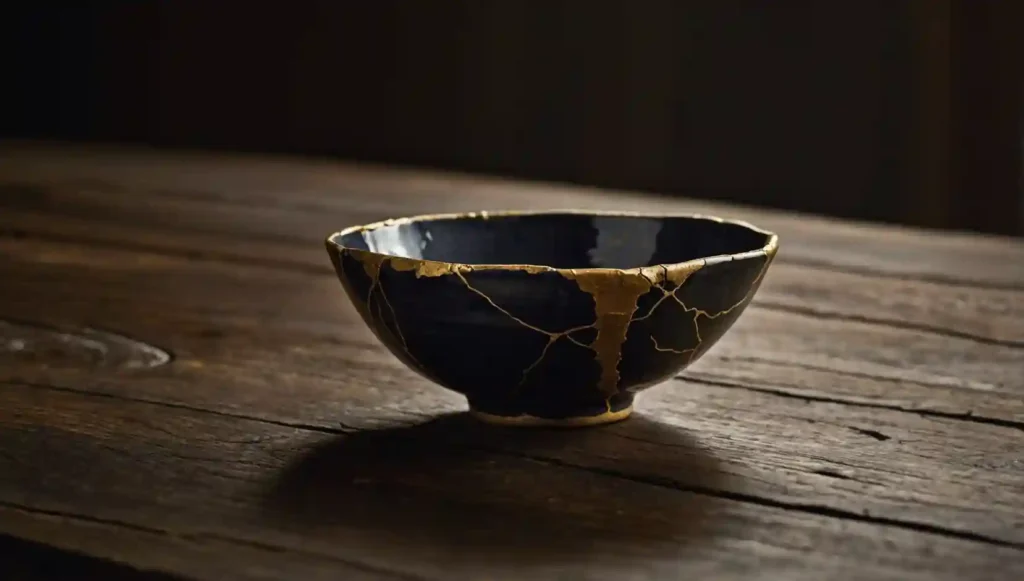 Kintsugi Kintsugi-Schale mit goldenen Rissen – japanische Kunst der Wabi-Sabi-Philosophie als Symbol für Anicca: Vergänglichkeit und Schönheit im Unvollkommenen