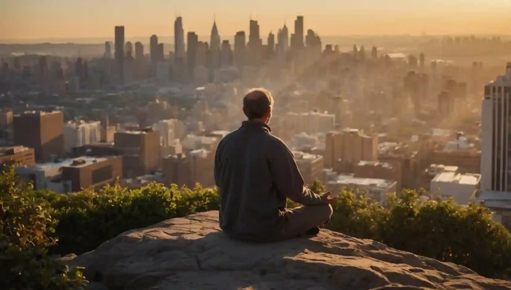 kino-xl_A_cinematic_photograph_capturing_a_person_meditating_cross-legged_on_a_rooftop_o-3_11zon Person meditiert bei Sonnenaufgang über der Stadt – Symbol für Sammā Sati (Rechte Achtsamkeit) und buddhistische Praxis im modernen Alltag