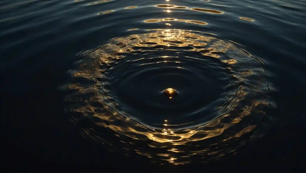 kino-xl_A_cinematic_photograph_featuring_minimalist_concept_art._A_solitary_stone_is_dep-0_11zon Stein fällt ins Wasser und erzeugt Wellen – visuelle Metapher für das Karma-Prinzip: Jede Handlung erzeugt Konsequenzen (Ursache und Wirkung)
