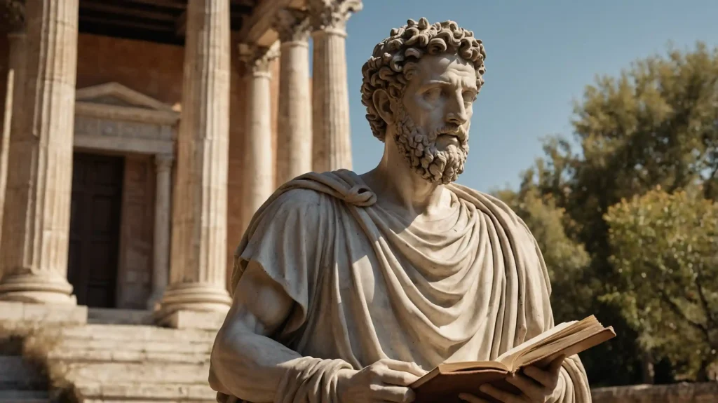 Eine Marmorstatuevon-Marcus Aurelius voreinem römischen Portikus