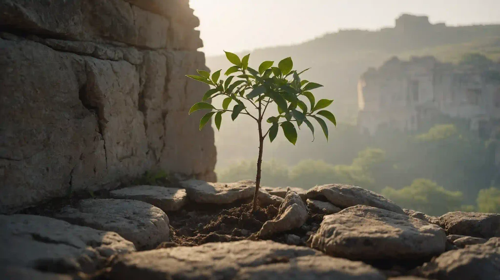Daoismus Resilienz – junger Baum wächst aus rissigem Steinboden in Morgenlicht