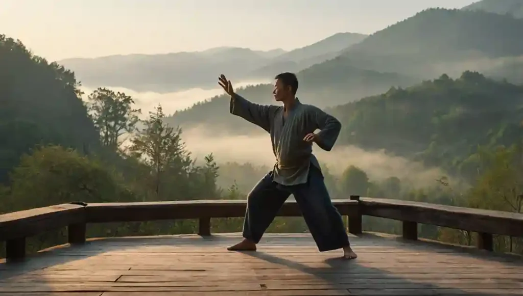 Daoismus Praxis – Tai Chi Praktizierende auf Holzterrasse vor nebligen Bergtälern