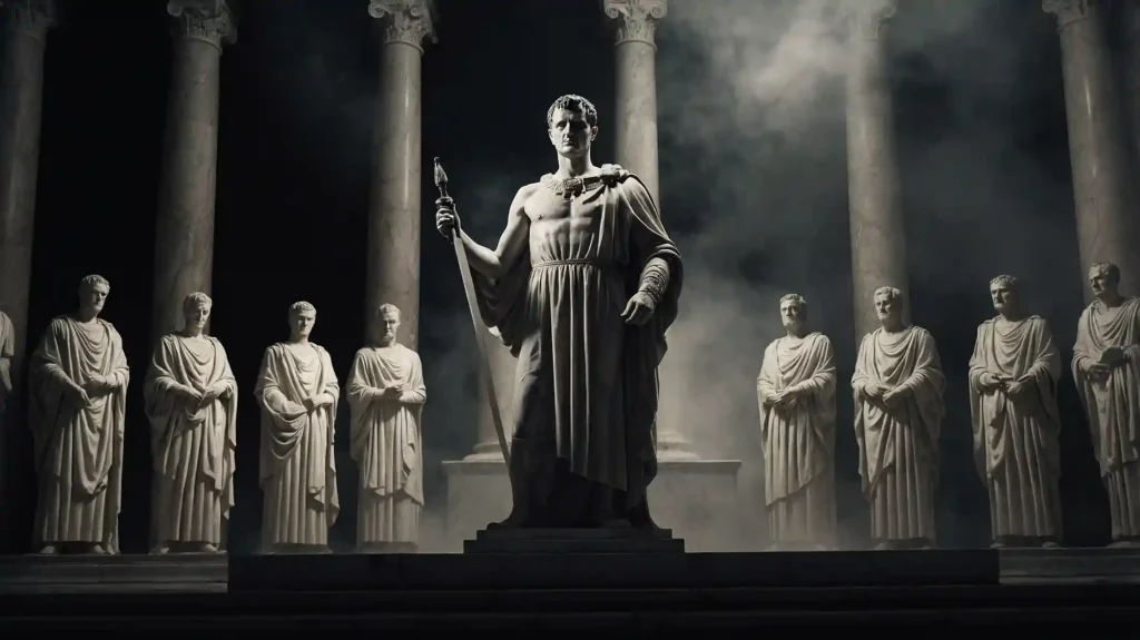 Dunning-Kruger-Caligula_11zon Dunning-Kruger-Effekt historisch: Römische Kaiserstatue überragt Hofstaat — Metapher für Selbstüberschätzung und unkritische Gefolgschaft