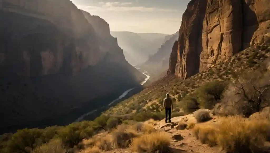 kino-xl_A_solitary_silhouetted_figure_stands_at_the_base_of_a_vast_dramatic_and_deeply_s-1_11zon Dunning-Kruger-Effekt hinterfragen: Valley of Despair Dunning-Kruger-Effekt: Person am Grund eines Tals blickt zum Licht — symbolisiert den Wendepunkt zwischen Überschätzung und realistischer Selbsteinschätzung