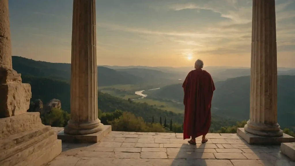 Seneca bei Sonnenuntergang Respekt gewinnt man nicht durch Selbstdarstellung. Stoischer Philosoph in stiller Kontemplation auf einem Steinhof — Symbol für stoische Selbstreflexion und innere Stärke nach Seneca
