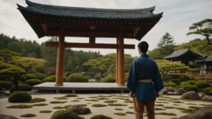 Ein Zen Schüler in einem Zen Garten