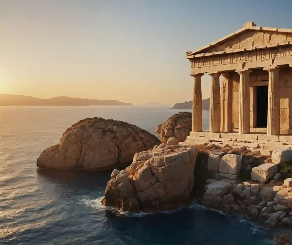 Stoizismus meistern: Der griechische Tempel am Meer steht für Klarheit, Beständigkeit und Resilienz. Lerne auf dieser Seite, wie du mit stoischer Philosophie innere Stärke entwickelst