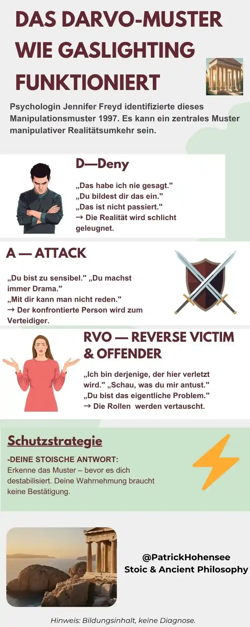 	Infografik: Das DARVO-Muster erklärt – Deny, Attack, Reverse Victim and Offender – narzisstische Manipulation in 3 Schritten mit stoischer Schutzstrategie