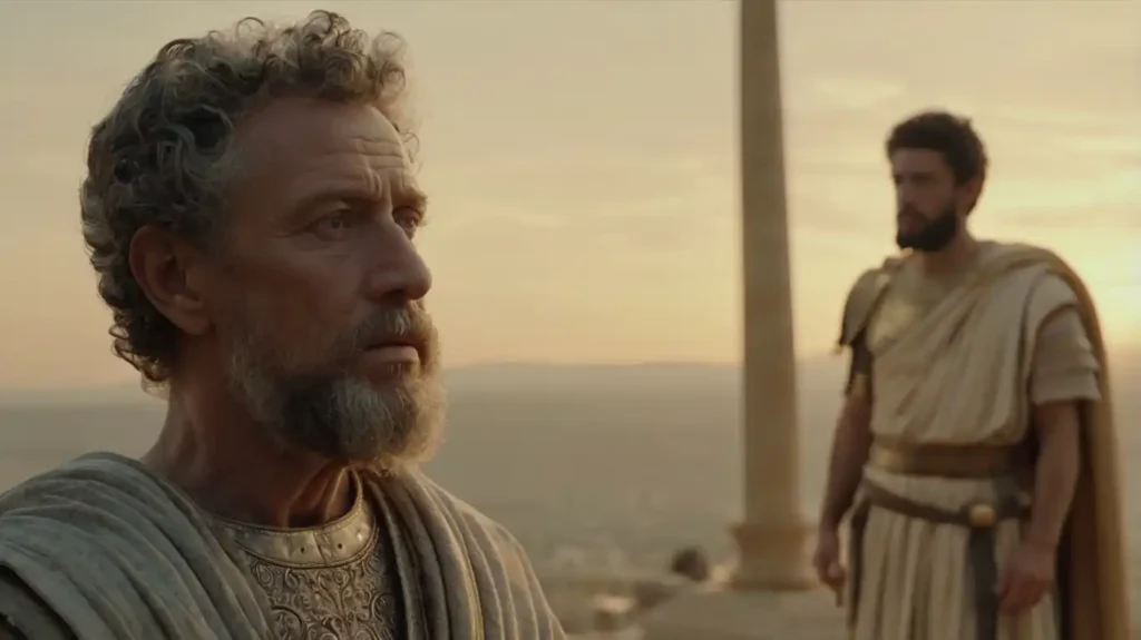 Marcus Aurelius im stoischen Dialog mit einem römischen Senator – Ataraxia und innere Stärke als Schutz gegen Manipulation