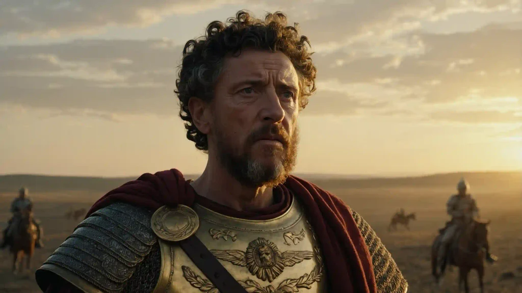 Marcus Aurelius als stoischer Krisenmanager – der römische Kaiser im Morgengrauen auf dem Feldzug, Sinnbild für Führung unter maximalem Druck und stoische Resilienz in der Praxis.