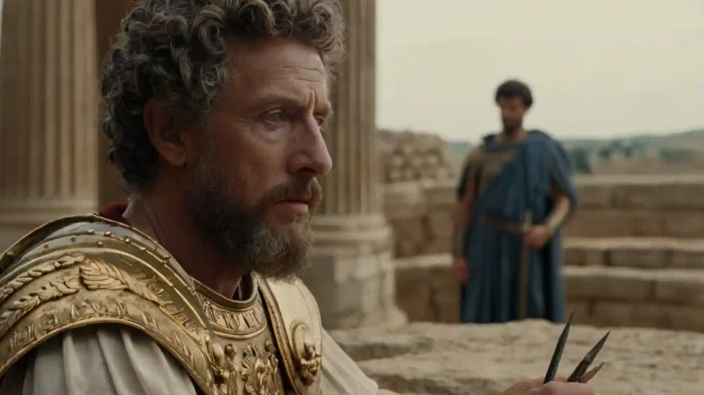 Marcus Aurelius in stiller Reflexion – im Hintergrund  sein Sohn Commodus, der spätere Kaiser, dessen  Herrschaft das stoische Erbe seines Vaters  auf eine harte Probe stellte.